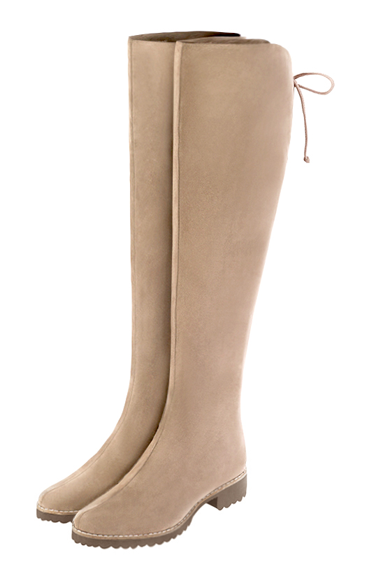 Tan beige women's leather thigh-high boots. Round toe. Flat rubber soles. Made to measure. Front view - Florence KOOIJMAN